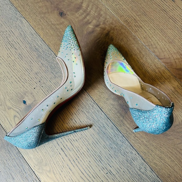 Christian Louboutin Beige Blue Crystal Embellished Mesh Follies Pumps Size 41 - Picture 6 of 16